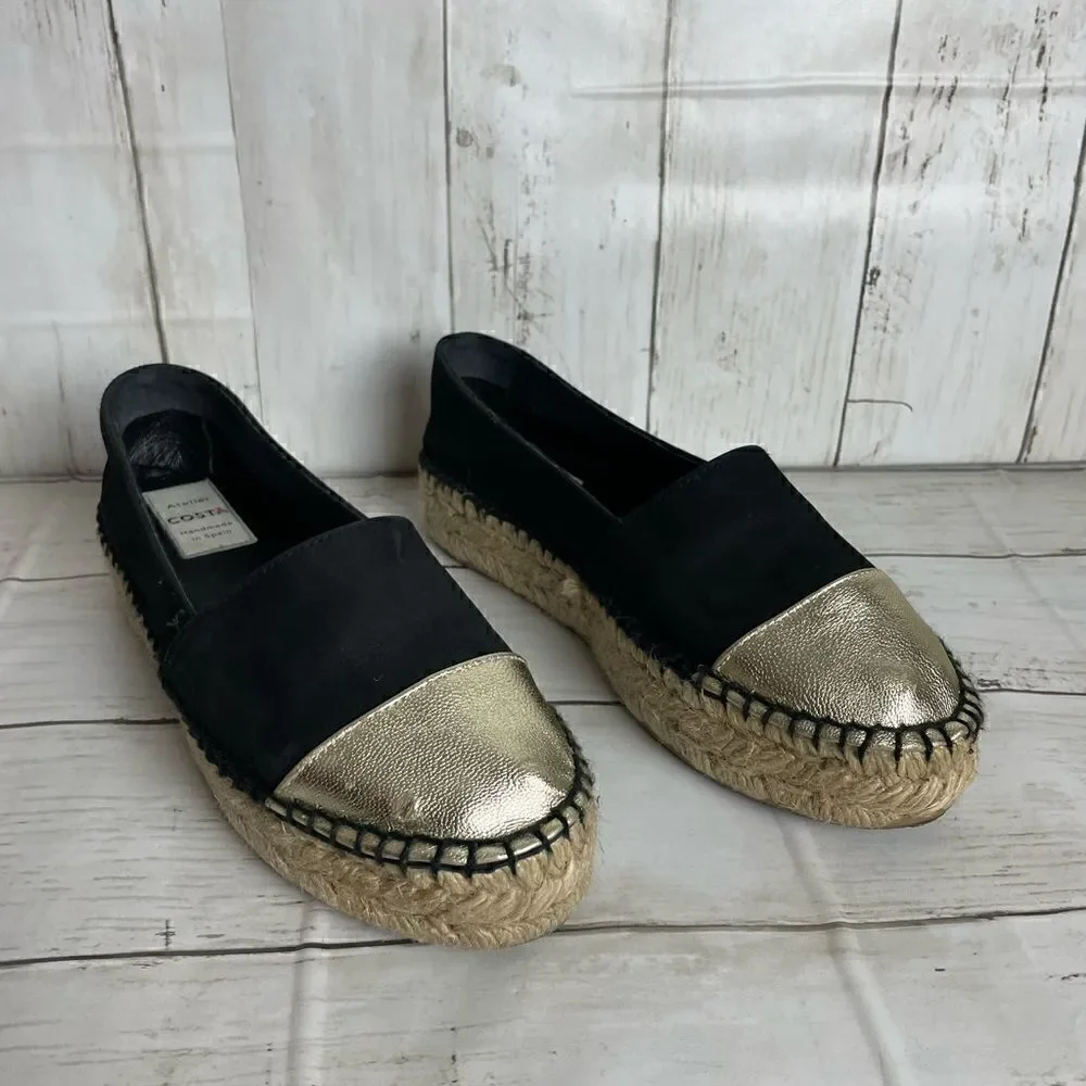 Atelier Costa Gold And Black Espadrille- Handmade In Spain Size 37 or 5.5